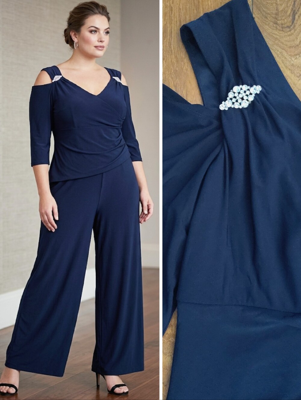 R&M Richards Navy Cold Shoulder Wide Leg Jumpsuit Plus 16W w/ Crystal Detail